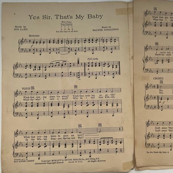 Yes Sir That's My Baby Gus Kahn Walter Donaldson 1925 Antique Sheet Music SV26-1 - Picture 2 of 2